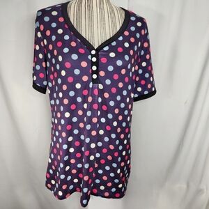 Shirley & Stone NWOT Purple w/Multi Polka Dots Short Sleeve Pajama Top Sz Large